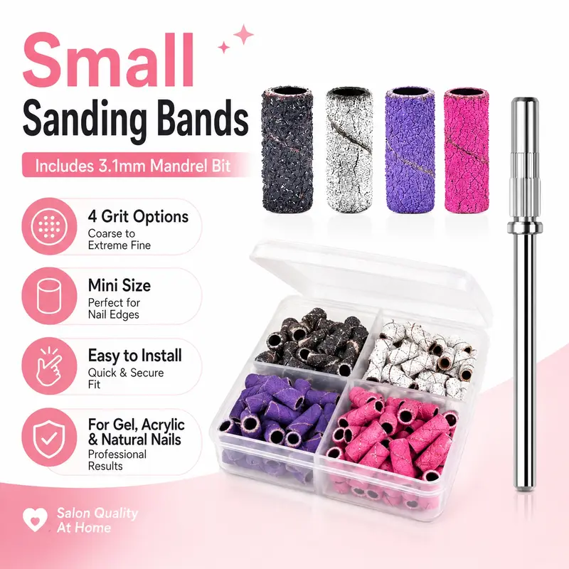 LAVAED 100 PCS Mini Sanding Bands Multi-Pack Pedicure Tool with 3.1mm Mandrel Drill Bit - 4 Grit E-File for Gel, Acrylic & Natural Nails, Nail Prep Kit with Storage Case for DIY Manicure Shaping