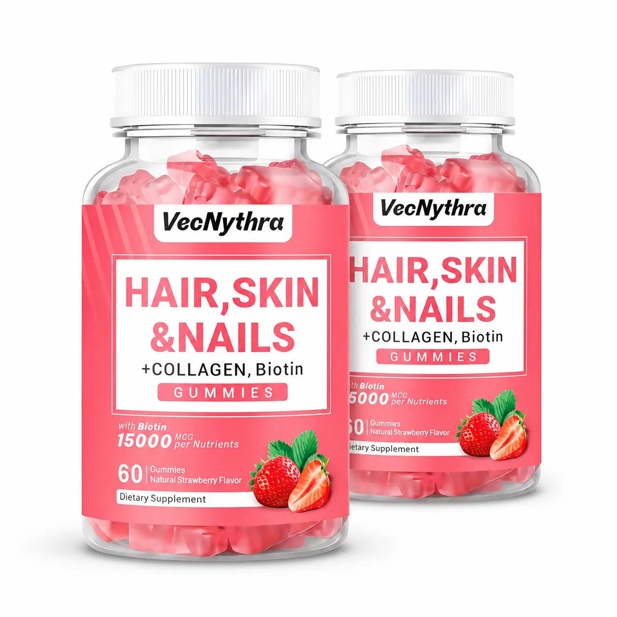 VecNythra Edible High Biotin Dietary Supplement Gummies - 15000 mcg, Supports Hair, Skin & Nails, Natural Strawberry Flavor, Prop 65 Safe, for Adults, 60 Pieces Per Pack, 2-Packs, Two Packs