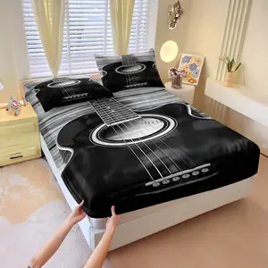Black and white textured guitar print fitted sheet set, Decorative bedsheet sets , Includes 1 Fitted Sheet & 2 Pillowcases without Filler, The elegant and understated style, full of artistic flair, creates a gentle and sophisticated atmosphere.