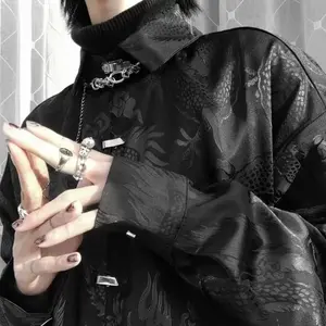 New Chinese Style Dragon Pattern Jacquard Silk Shirt For Men Casual Metal Buckle Dull Black Aesthetic Neutral Loose-fit Shirt