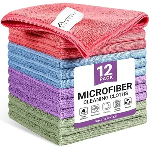 Microfiber Cleaning Cloth, 12 Pack Assorted Color Cleaning Rags for Housekeeping, Colorful Reusable Microfiber Towels for Car, Kitchen, Bathroom and Household Cleaning Supplies, 11.8"X11.8"