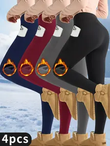 Women's High-Waisted Solid Sports Tights 4-Piece Set Short Plush Comfortable Warm for Autumn Winter Fitness & Casual Wear