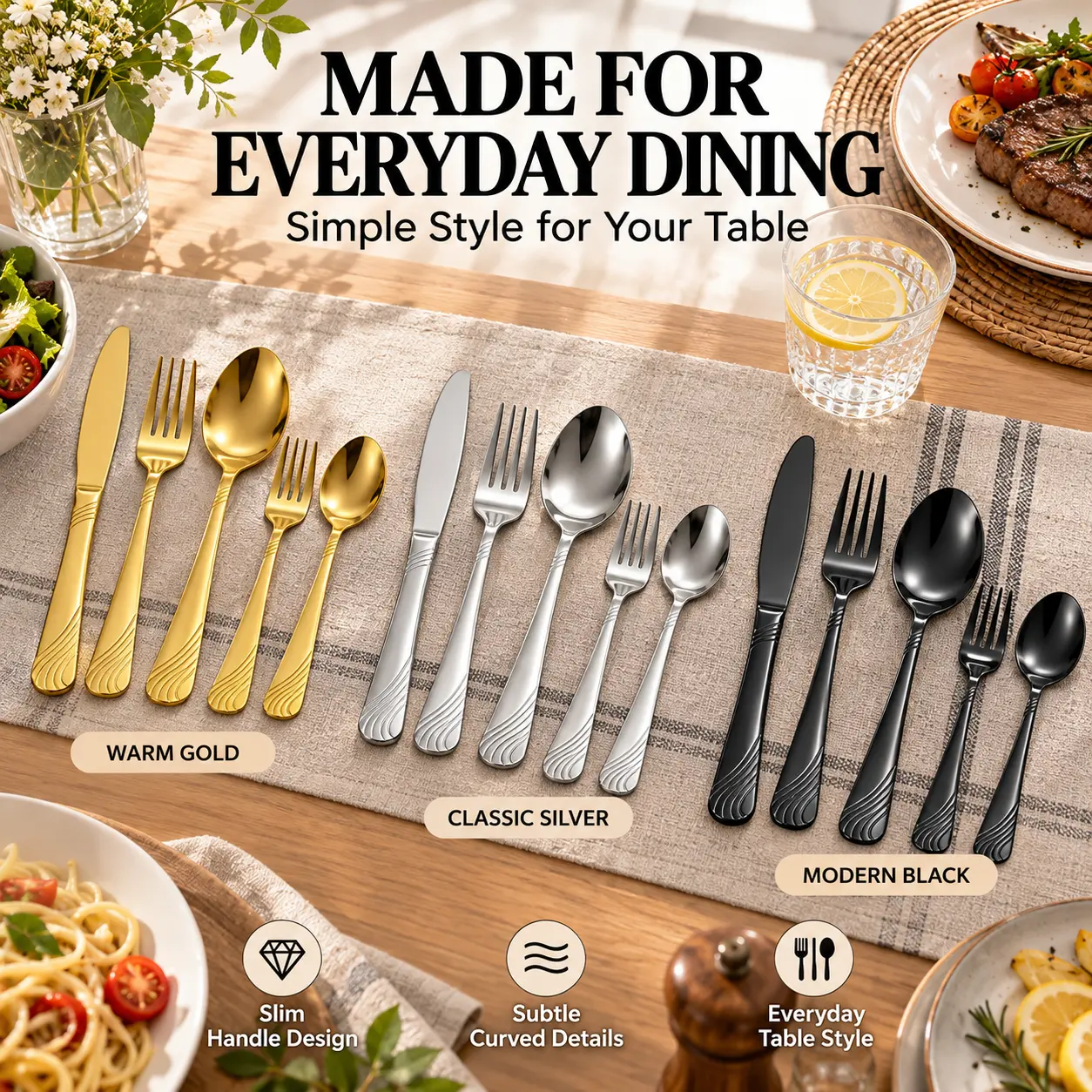LOCCI 48-Piece Flatware Set for 4, Stainless Steel Fork Knife Spoon Cutlery Set, Modern Black Gold Silver Tableware for Home & Dinner