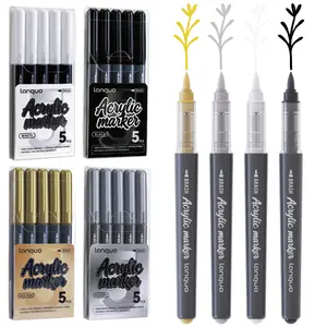 Waterproof acrylic paint pens, set of 5 permanent markers with soft brush tip for painting on stone, glass, ceramic, metal, and fabric (Black, White, Gold, Silver).