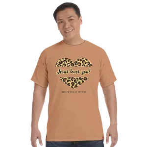 Jesus Loves You Animal Print Heart Unisex Heavyweight Crewneck T-Shirt | Comfort Colors C1717 sandstone