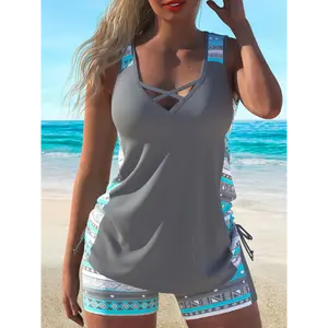 Women'S Ethnic Style Patterned Drawstring Two-Piece Tankini Swimsuit