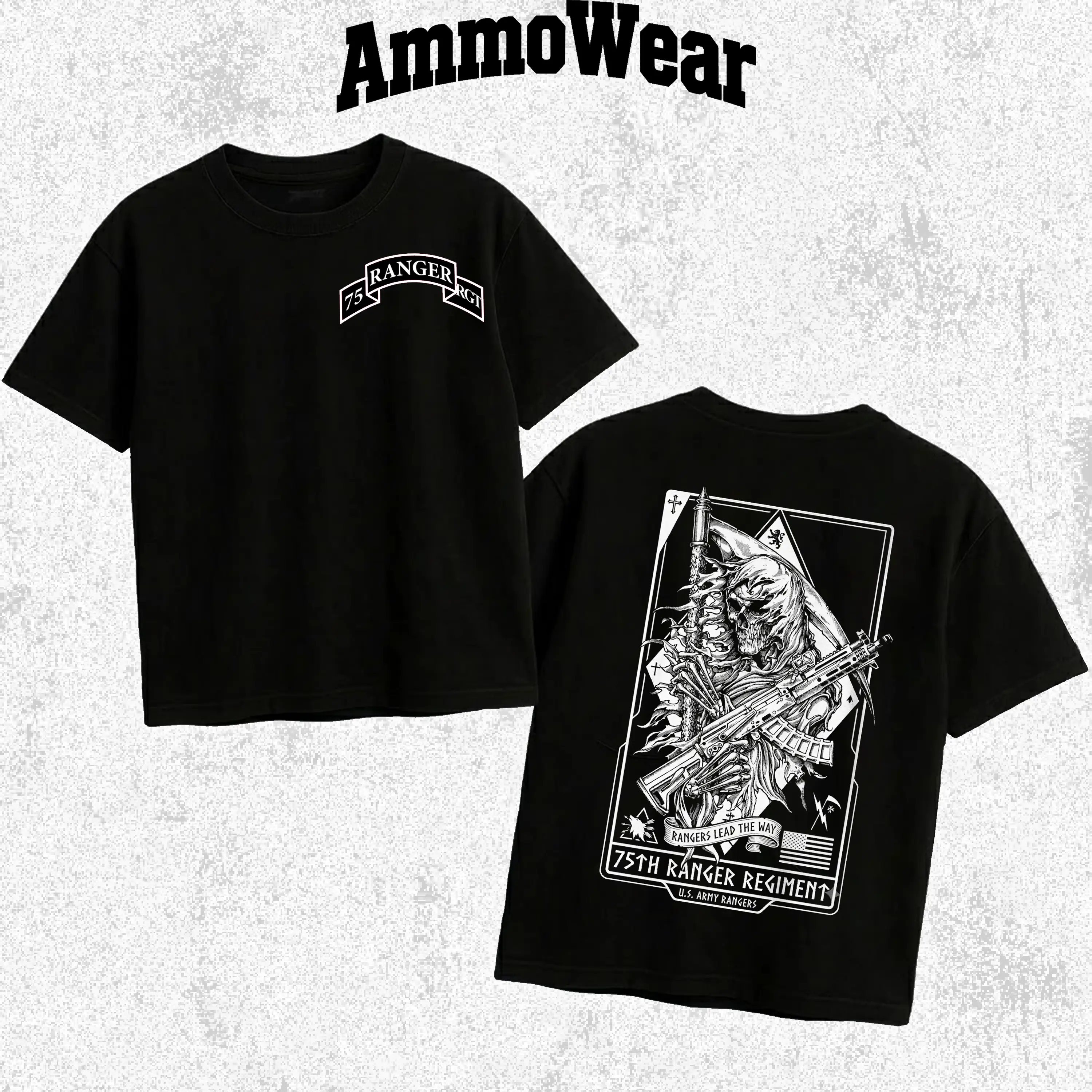 75th Ranger Regiment Graphic Tee, US Army Rangers T-Shirt, Grim Reaper Tactical Apparel, Military Veteran Top, Unisex Casual Black Short Sleeve Everyday Shirt, Special Operations Combat Streetwear Fashion