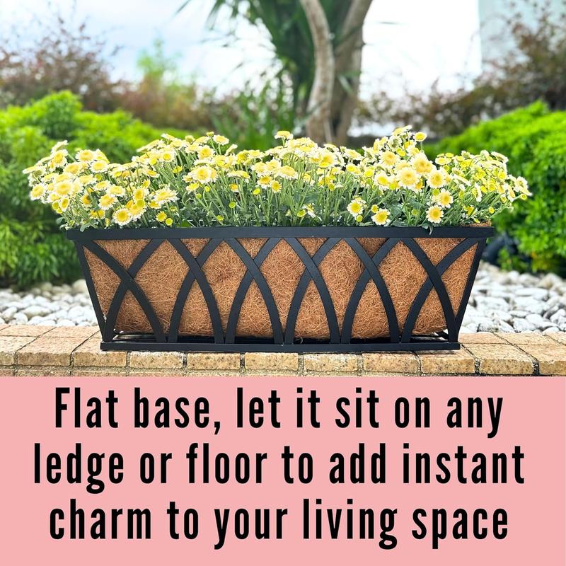 LaLaGreen Railing Planter Boxes (24 Inch, 2 Pack) Black Metal Rectangular Window Flower Box with Coco Liner, Hanging Planters for Outdoor Plants Bracket Holder Deck Rail Fence Balcony Porch Garden