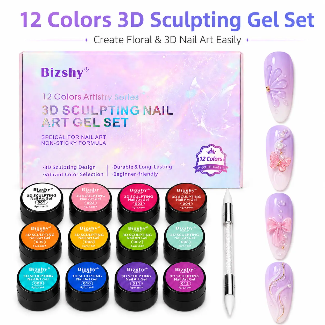 Bizshy 12Colors 3D Nail Gel Set, Non-Sticky Sculpting Gel for Nail Art Painting Drawing Hand Carving Molding, 3D Nail Art Design for Home Salon Manicure DIY with Sculpture Pen