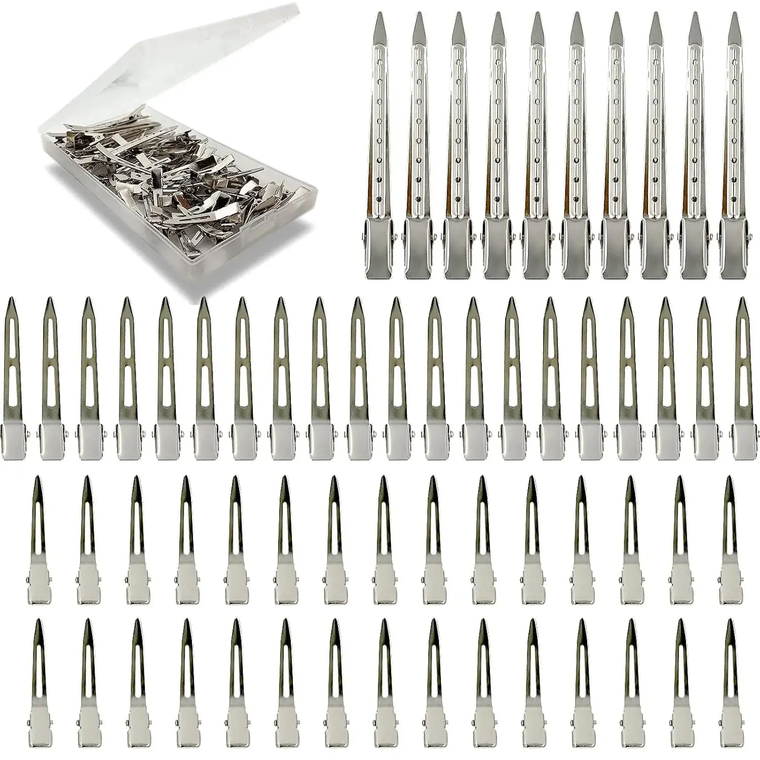 60Pcs Metal Styling Duck Billed Hair Clips, Silver Alligator Roller Clips for Women's Long Hair Styling Sectioning and Pin Curls, Bow DIY, with Case