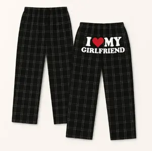 Matching Couple Pajama Pants I Love My Girlfriend Black Plaid Lounge Sleepwear Bottoms Cozy Loungewear Nightwear Matching Set Gift for Couples Anniversary Valentine’s Day Holiday
