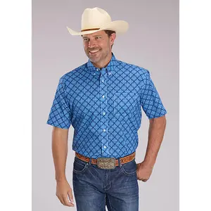 Mens Blue Ribbon Medallion Short Sleeve Button Western Shirt