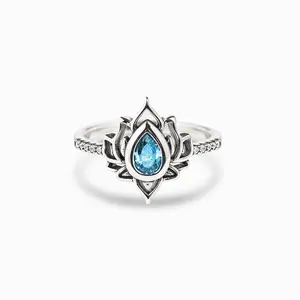 Lotus Crystal Ring Sterling Silver Vintage Style For Women Simple Party Jewelry Gift Elegant Ladies Accessories