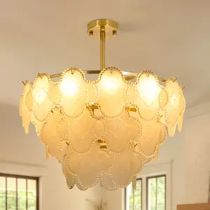 24" Modern Crystal Chandelier, 8-Light Retro Brass Flush Mount Ceiling Lighting Fixture, 3-Tier Glass Vintage Pendant Light for Bedroom Farmhouse Kitchen Island Hallway Bar