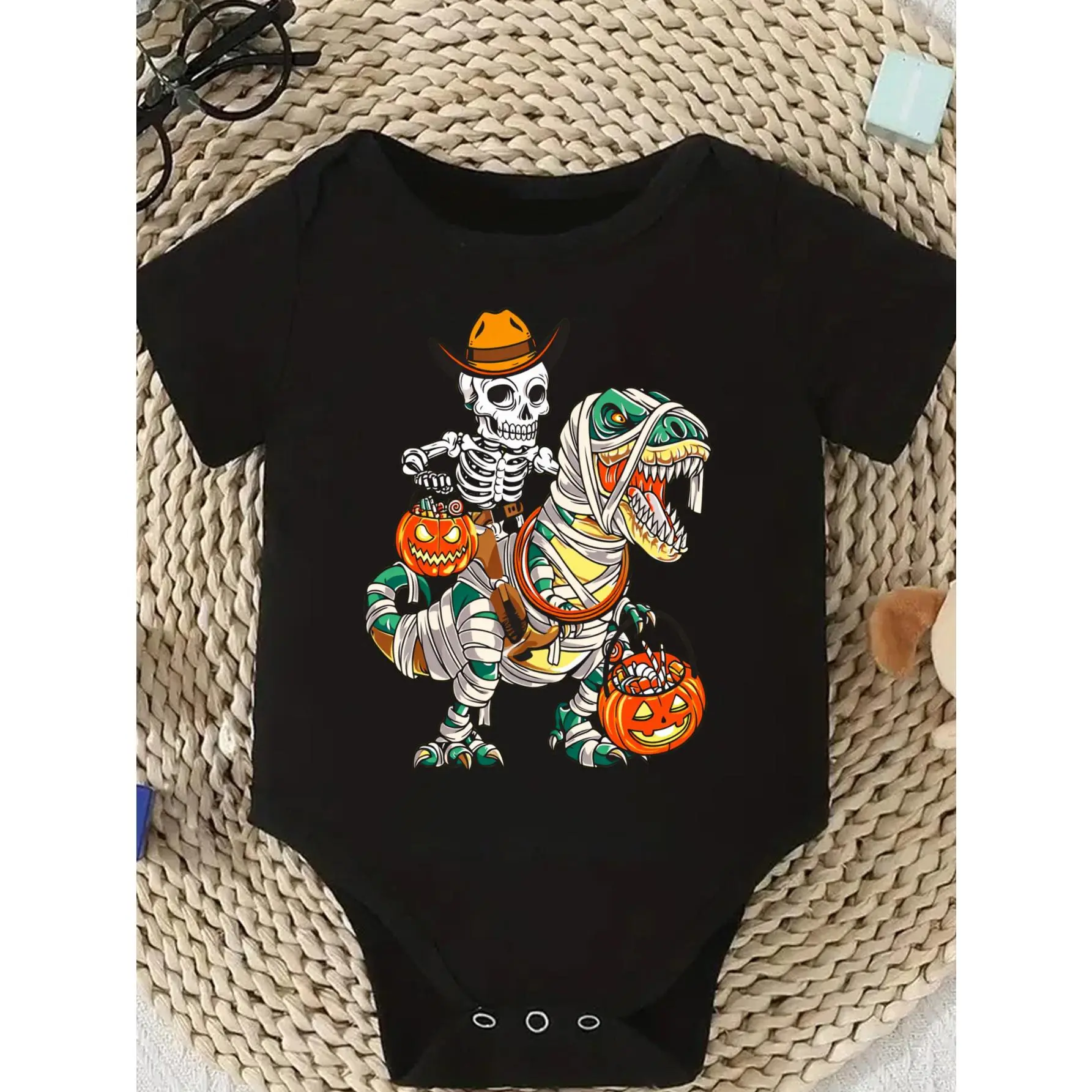 Halloween Cute Baby Bodysuit With Skeleton Cowboy Riding Mummy Dinosaur And Pumpkin Print Soft Versatile Round Neck Button Detail Regular Fit All Seasons Knitted Fabric Onesie For 0-12 Months