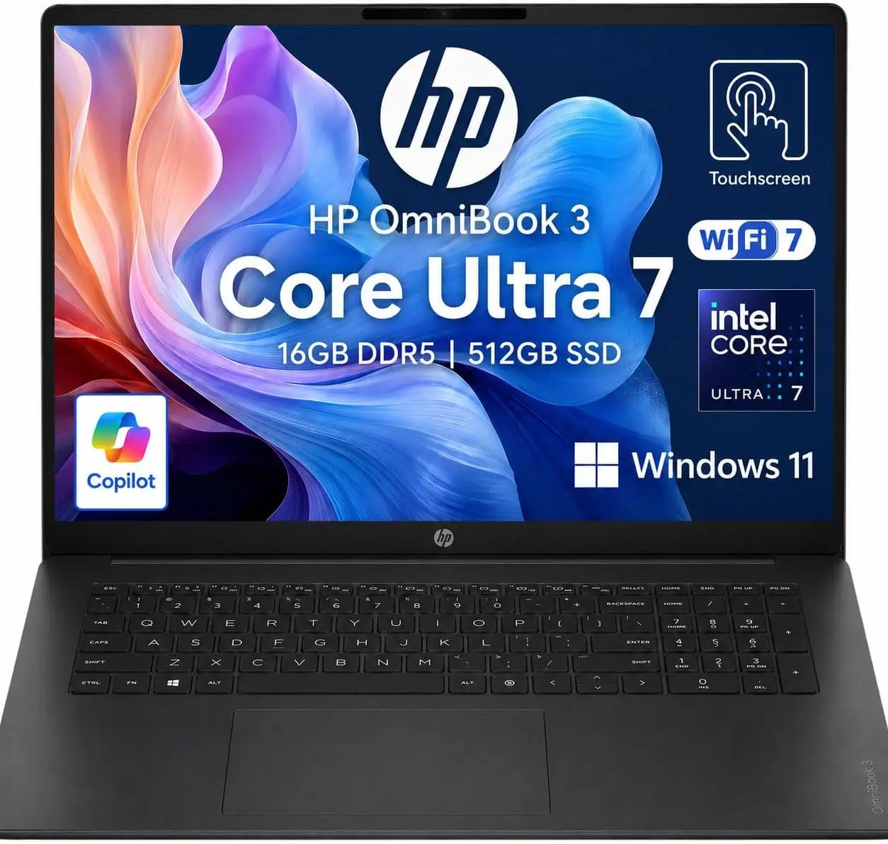 HP 16" OmniBook 3 AI Touchscreen Business Laptop, 12-Core Intel Core Ultra 7 Processor (Up to 5.2GHz), 16GB DDR5 RAM, 512GB PCIe SSD, Touch WUXGA (1920 x 1200) IPS Display, Wi-Fi 7,Windows 11
