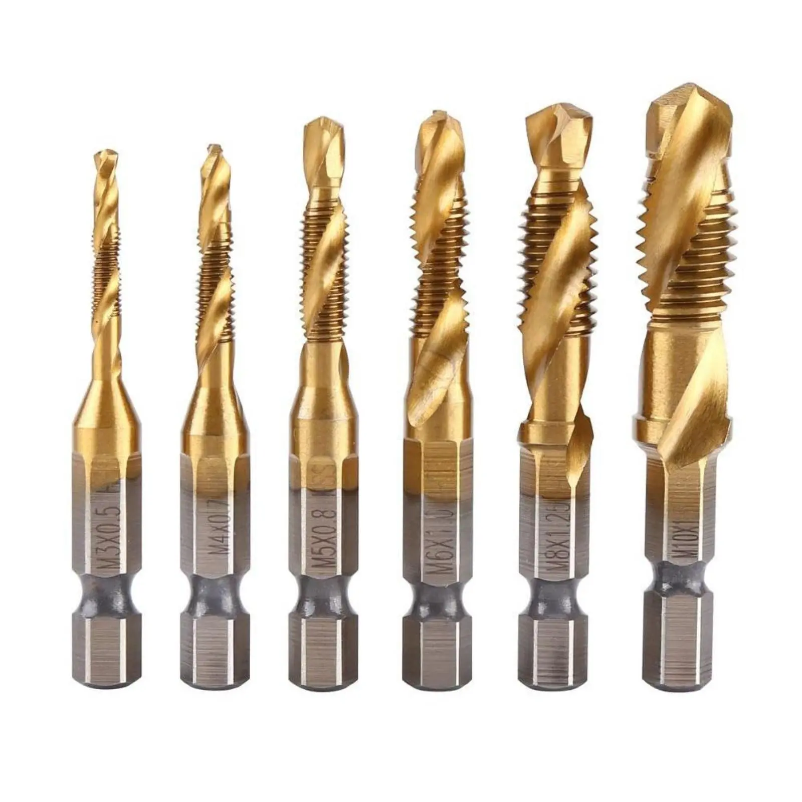 Industrial Family 6-Piece Combination Drill Bit and Tap Set, 1/4-Inch Hex Shank Screw Tapping Head, Titanium Coated Tap Drill Bit M3-M10 Drill Bits Set