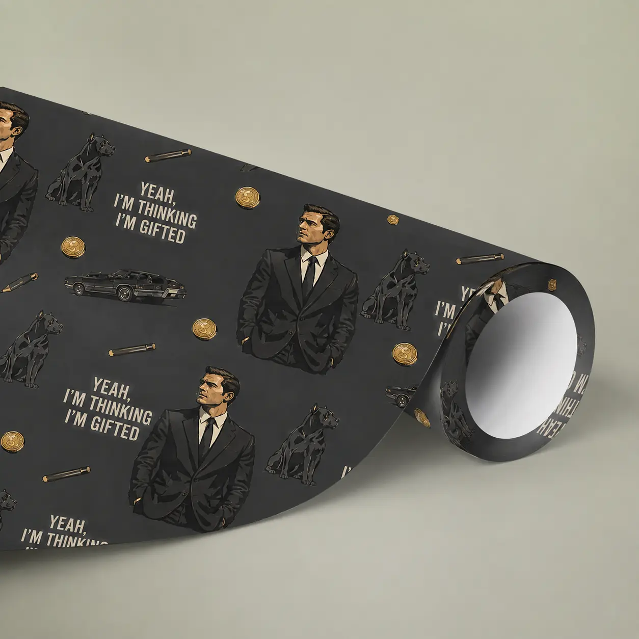 Black Suit Action Gift Wrap, black suit action Wrapping Sheets, Birthday and Holiday Present Paper for action fans and dog lovers