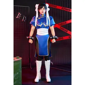[Officially Licensed] Street Fighter Classic Chun-Li Blue Leotard And Skirt Cosplay Costume with Hair Accessories Halloween Costume