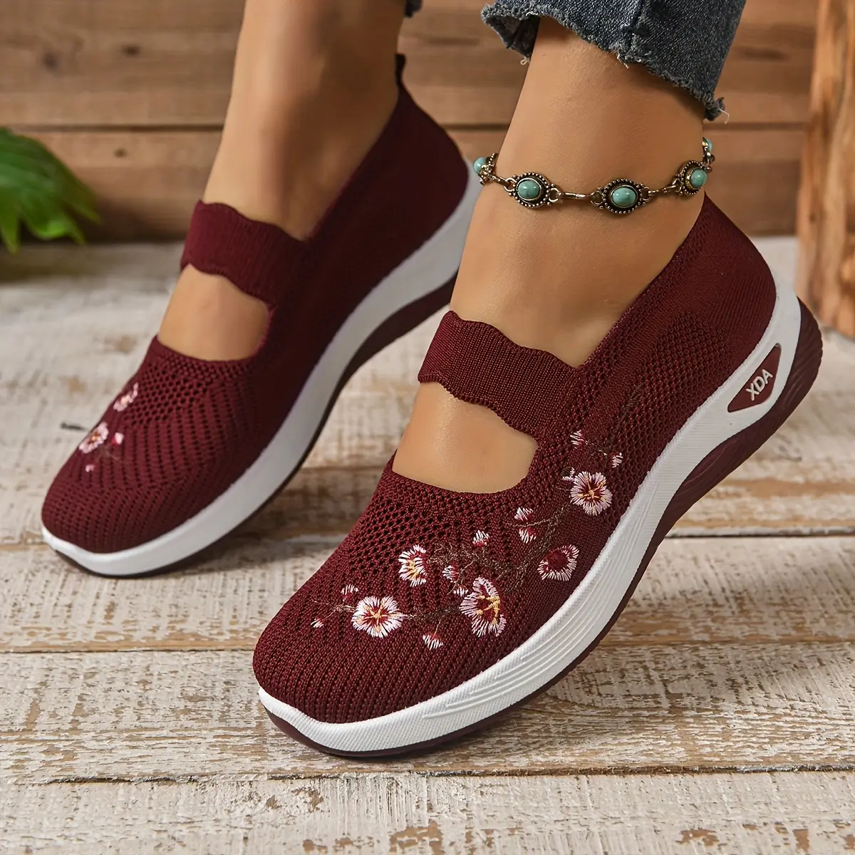Rain Core | Traditional Floral Embroidered Slip-On Trainers | Non-Slip Cushioned Wedge Casual Footwear hook-and-loop closure
