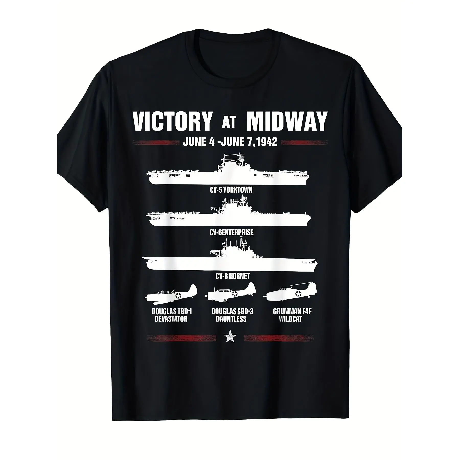 Men's WWII Midway Victory Graphic T-Shirt - Classic Casual Vintage Commemorative Short-Sleeve Round Neck Top in Breathable 220g Heavyweight Cotton, S-5XL Sizes
