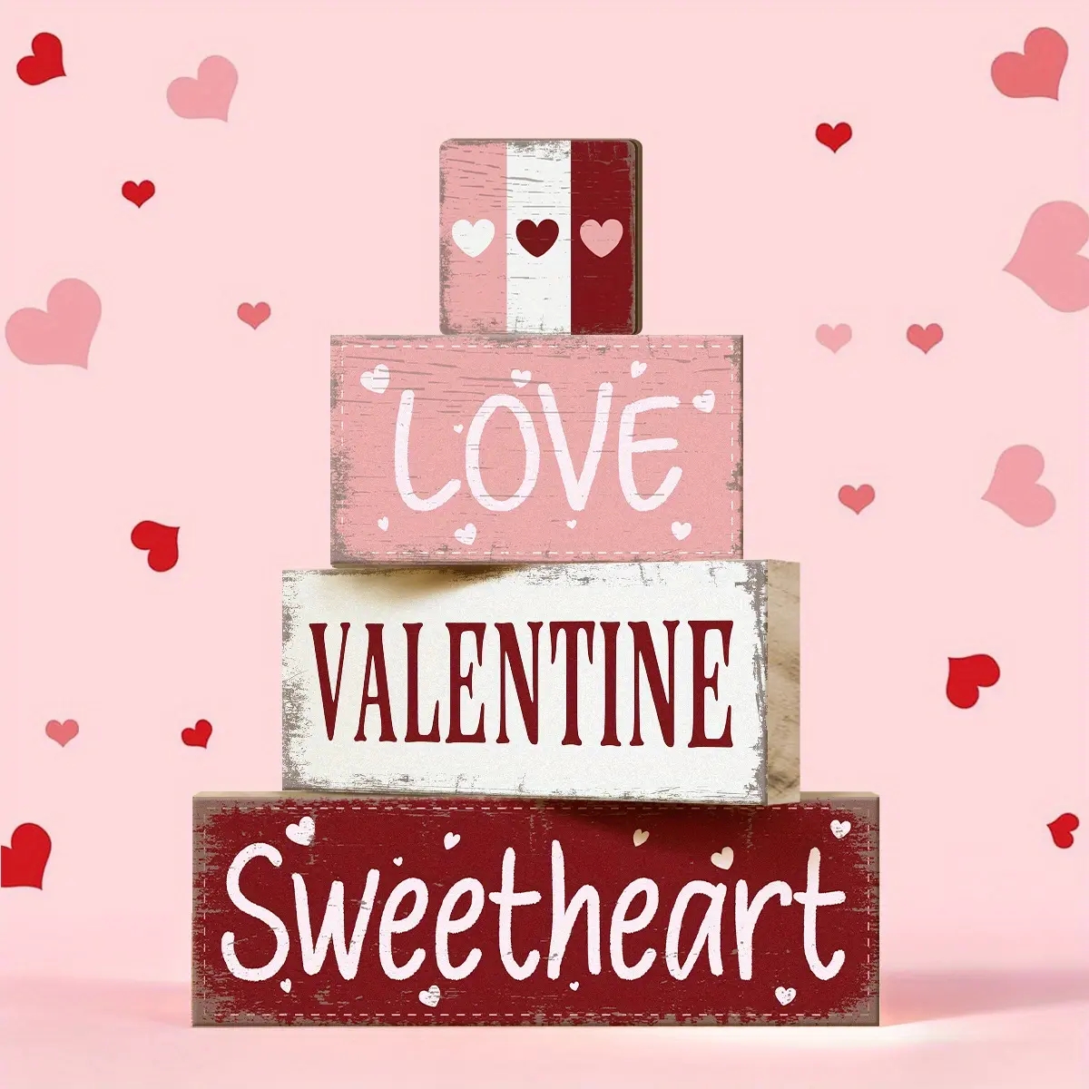 4 Pcs Valentine Decorative Sign & Plaque Love Valentine Sweetheart Wooden Blocks with Stripes, Table Centerpiece, Tiered Tray Decor & Decorative Stacked Blocks for Coffee Table, Fireplace Mantel, Floating Shelf