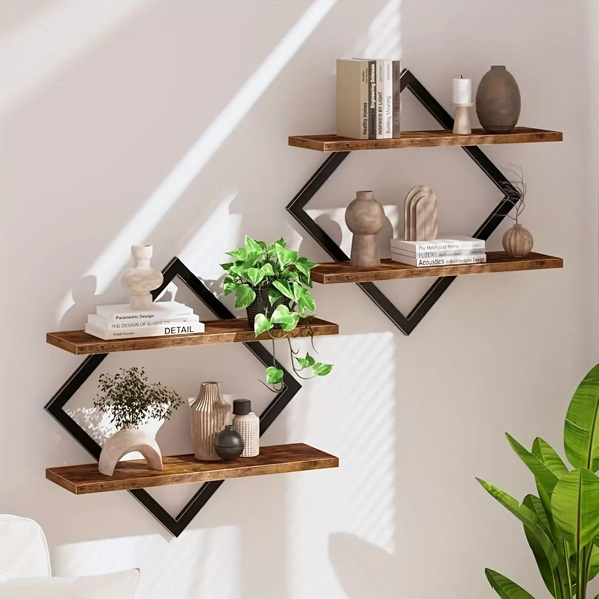 2pcs Double Layer Geometric Diamond Wall Floating Shelf Decorative Industrial Hanging Metal Wire Wooden Display Stand, Simple Style Wall Floating Stand, Artistic Style, Suitable for Living Room Kitchen, Floating Shelves