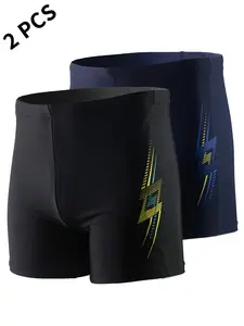 A Set Of Two Men'S Square-Cut Racing Swim Trunks Designed To Reduce Drag, Offering Comfort And Performance For Swimming Surfing,2pcs-Men'S Simple And Classic Lightning Print Briefs With Flat Crotch, Lightweight, Comfortable Breathable.