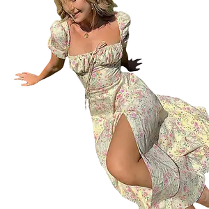 Women´s summer casual floral print vacation Dress, Puff Short Sleeves Lace Up Chest Floral Printed High Splitting Long Skirt for Female