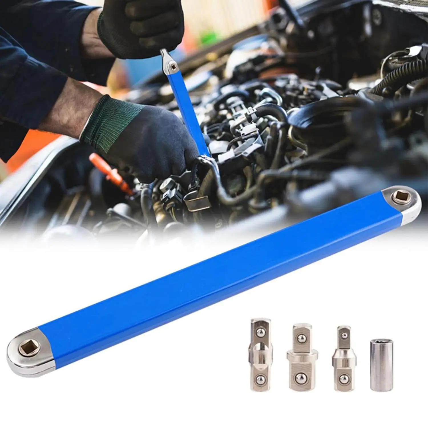 Professional Offset Extension Wrench, 1 Set Ratchet Extension Wrench with 1/2", 1/4", and 3/8" Square Drive Sockets, Multi-purpose Mechanical Tool for