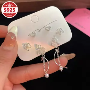 S925 sterling silver 3 pairs of butterfly chain tassel earrings with a high-end feel, exquisite heart and flower earring set, a must-have for girls, women's jewelry, perfect gift for Valentine's Day, Mother's Day, and New Year, special clearance price