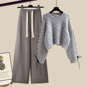 Plus Size Women's Autumn Winter Set 2024 New Pullover Knitted Sweater Loose Slimming Wide Leg Pants Two-Piece Set Clothes Suits