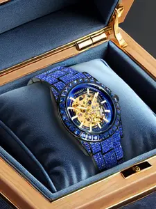 MERUO Men's Mechanical Diamond Blue Demon Ji Watch Automatic Waterproof Business Style Gift for Easter Christmas & Father's Day Fashionable Wristwatch