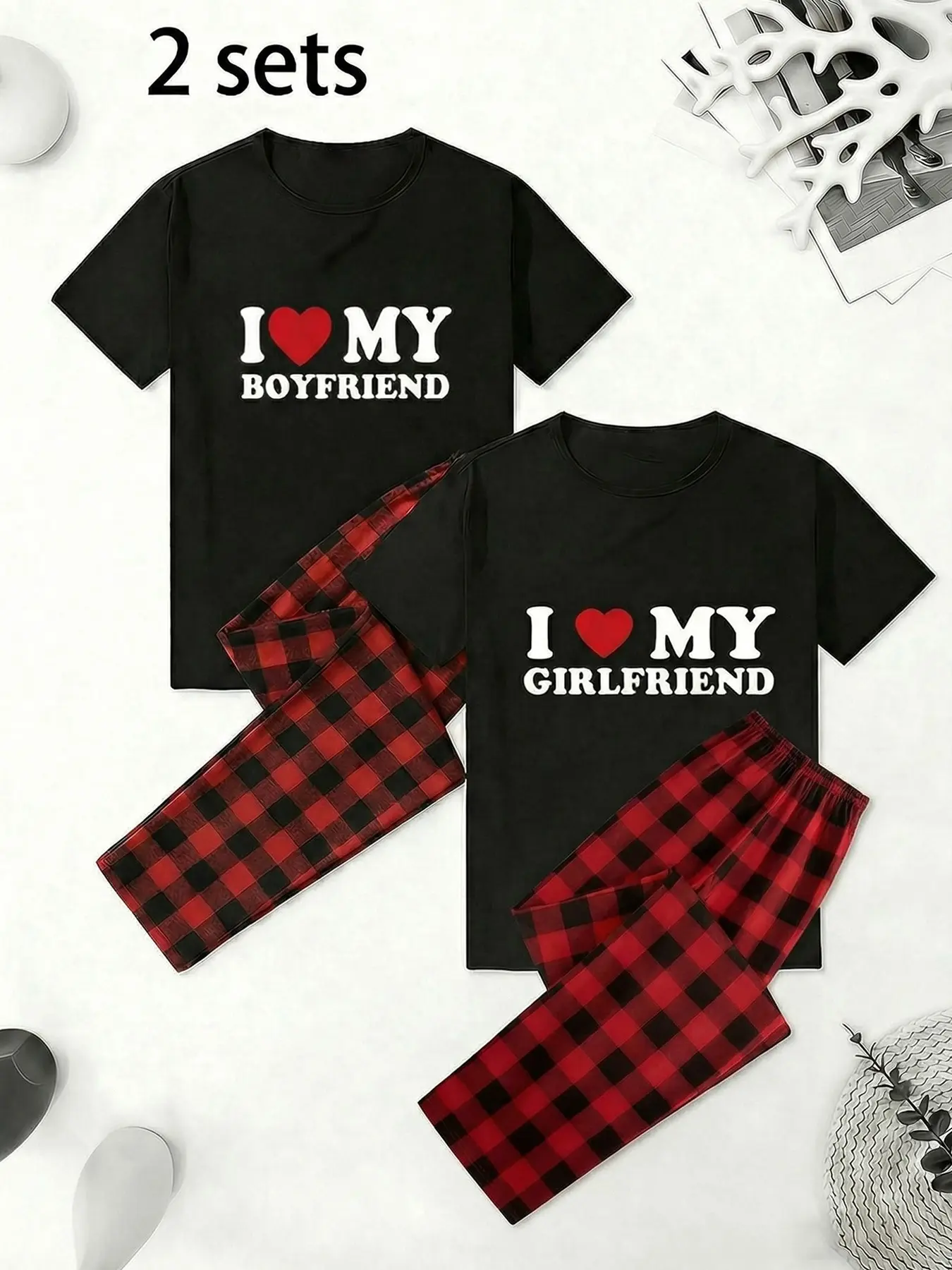 Couple Heart Love Message Pajama Set (2 Pieces), Loose Fit, Soft Fabric, Breathable, Durable, Ideal for Home & Couples