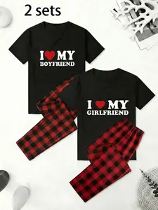 Couple Heart Message Pajama Set (2 Pieces), Loose Fit, Soft Fabric, Breathable, Durable, Ideal for Home & Couples