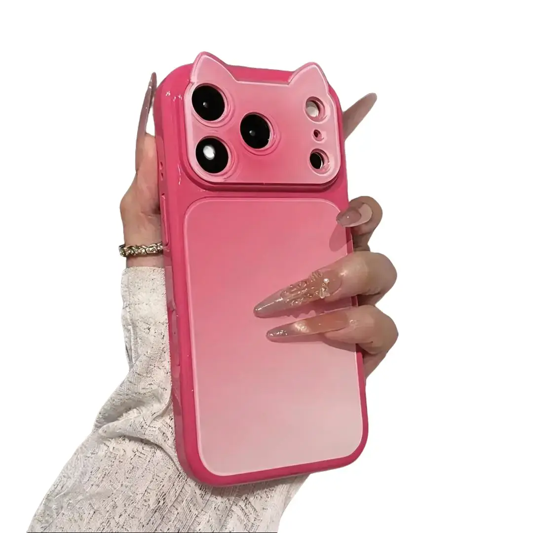 Cute Color-Blocking 3D Cat Ear Gradient Phone Case for iPhone 17/16/15 Pro Max, Precise Hole Positioning, Full Protection, Exquisite Custom-Made Perfect Gift Back Cover solid multi-color everyday protective case enthusiast