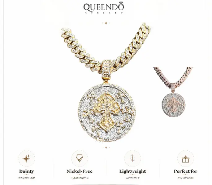 QUEENDO Iced‑Out Round Multi‑Cross Medallion Pendant Necklace‑Heavy Hip‑Hop Fully Paved Charm, Two‑Tone Available, Miami Cuban Chain, Bold Street‑wear Neck Ornament, adjustable link bracelet, daily party jewelry gift