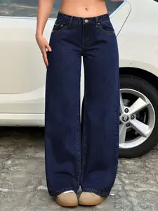 Women's Solid Color High Waist Wide Leg Button Fit Jeans, Classic Dark Blue Denim Pants Bottom