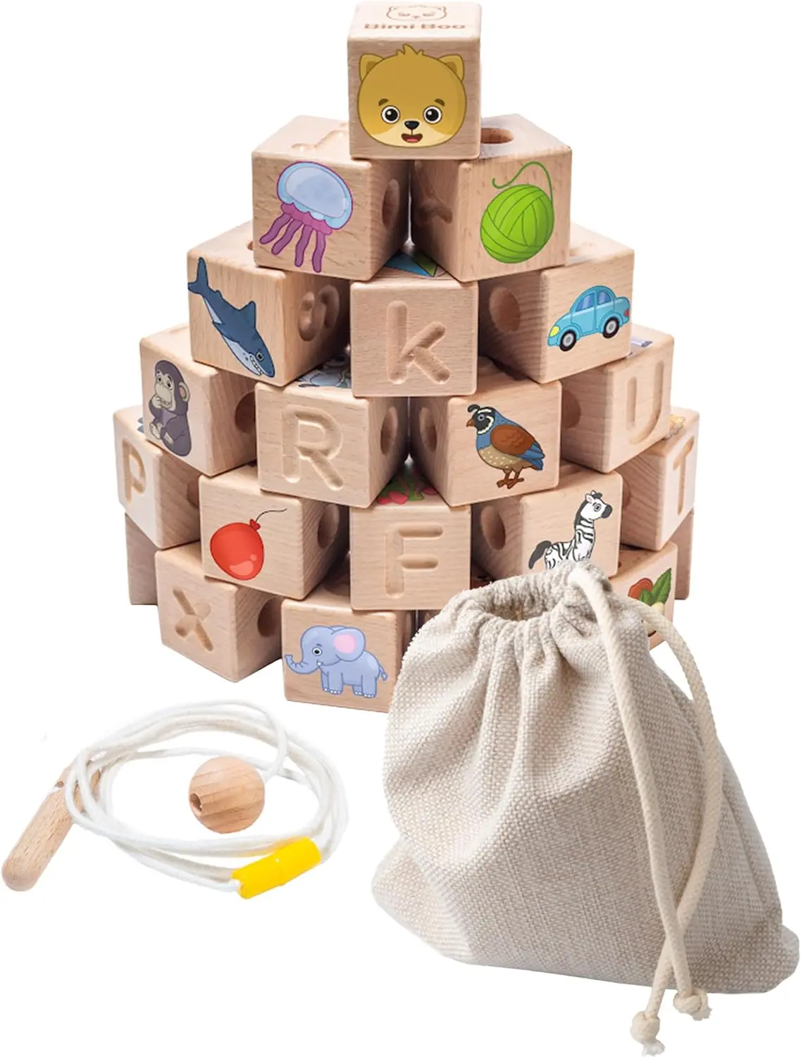 Bimi Boo Wooden Lacing Beads Cubes ABC Learning Set