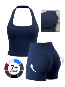 Women's 2 Piece Solid Color Halter Top & High Waist Shorts Sports Set, Buttery Soft Breathable Quick Dry Outfits, Squat Proof Tummy Control Activewear for Yoga Gym Running Summer