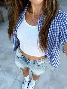 Unisex Y2K Plaid Short Sleeve Shirt, Casual High Street Retro Style, Spring & Fall Fashion, Couple Matching, Fitted Design