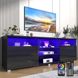 High Glossy LED Black TV Stand for 60/65/70/75/80/85/90/95 inch TV,Modern LED Entertainment Center with Adjustable Storage Shelves,Game Console Entertainment Center,TV Table Media Furniture (Black)