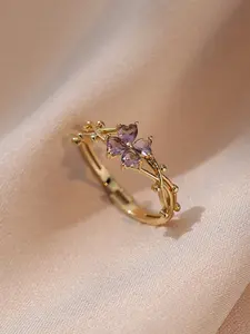 Zircon Four-Leaf Clover Ring, Gold Plated Adjustable Finger Ring, Fashion Romantic Elegant, Daily Wear Party Valentine's Gift