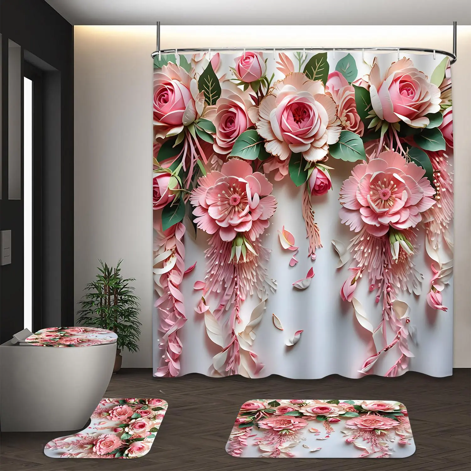 Floral Print Bathroom Decor Set, 1 Count Only Shower Curtain Or 4 Counts/set Including Shower Curtain & Toilet Mat & Bath Mat & Toilet Lid Cover, Home Goods
