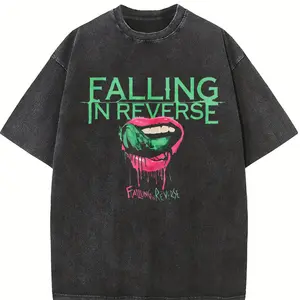 Retro Falling in Reverse Lips band t shirts Washed Tee, vintage clothing Rock Band, Oversize Streetwear Heavy Cotton Top, Unisex Alternative Metal Concert grunge clothes