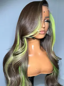 Green Skunk Stripe Free Part Lace Wig Pre Plucked Green Highlights On Black Color Body Wavy Synthetic Lace Wigs For Women Black Green Highlight Wig Synthetic Hair Wig
