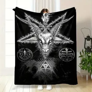 Satanic Goat Head Flannel Blanket – Soft, All-Season Black & White Mystical Pattern with Pentagram & Flames, Gothic Home Decor  Skin-friendly, lightweight, and comfortable.