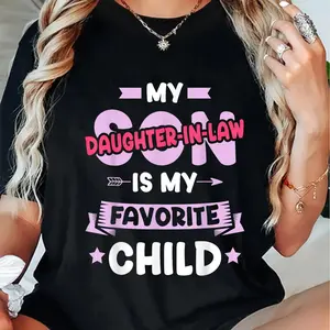 100% Cotton Mother-in-Law'S Favorite Daughter-in-Law T-Shirt - Crew Neck Knit Fabric Tee for All Seasons - Regular Length Alphabet Pattern Tops for Mothers Day