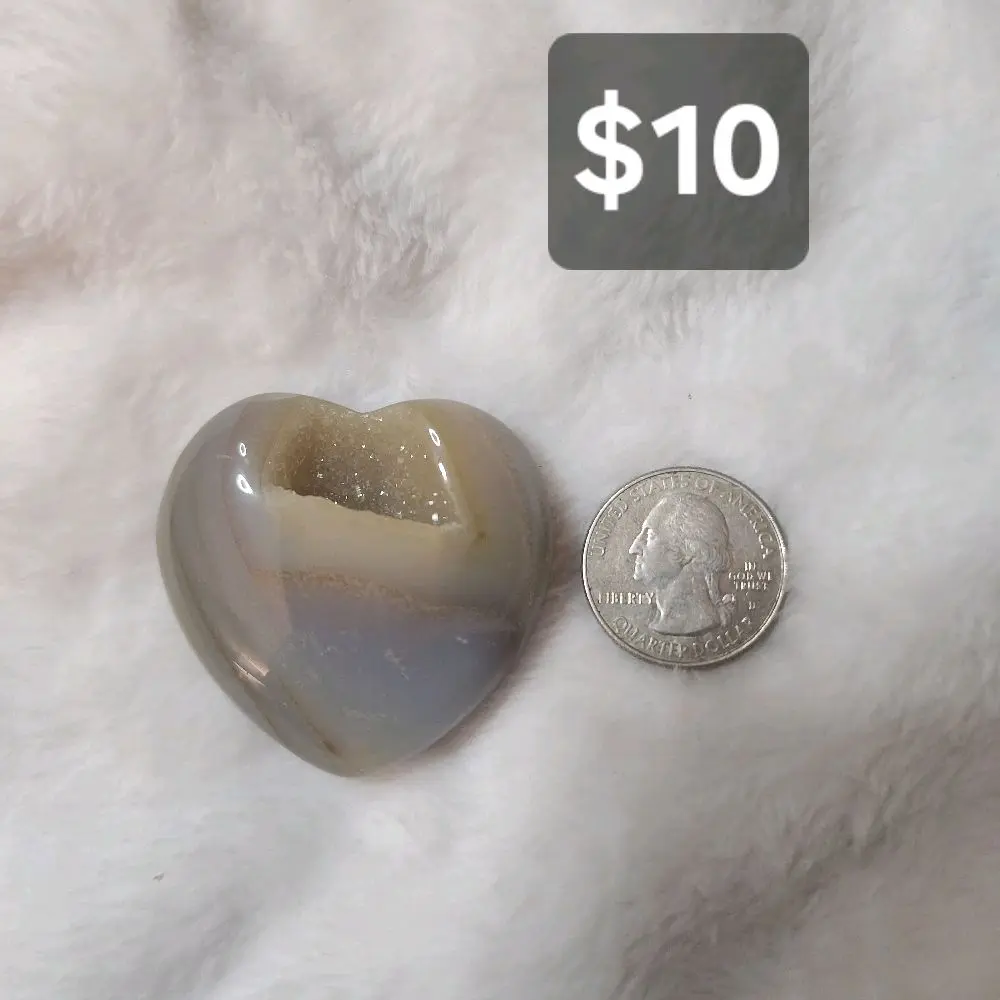 #3 Natural Gray Banded Agate Heart with Druzy Center / Natural Crystal / Home Decor / Carving