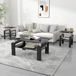 3-Piece Glass Coffee Table & End Table Set, Double-Layer Tempered Glass Tables with Metal Frame for Living Room